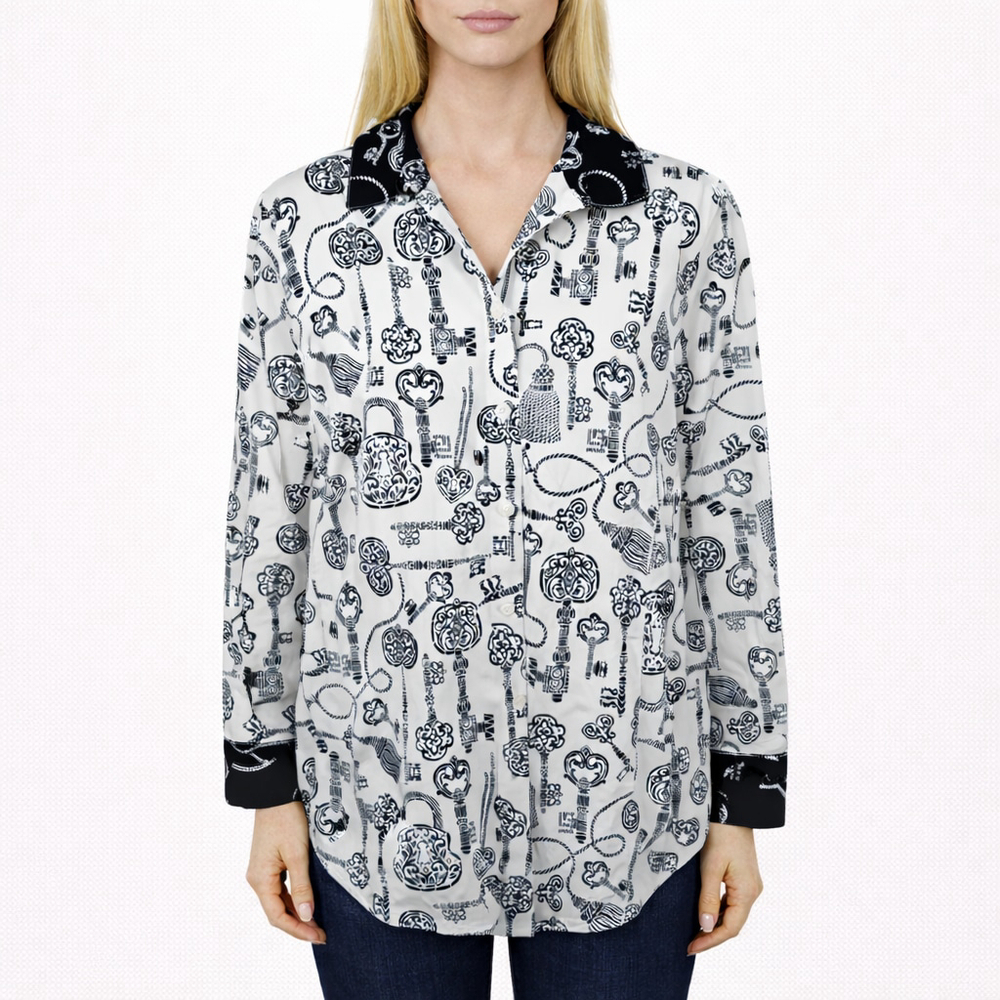 Chicos White button Shirt Ethnic Key Print Non Iron Artsy Chic Cool Size 3 = XL
